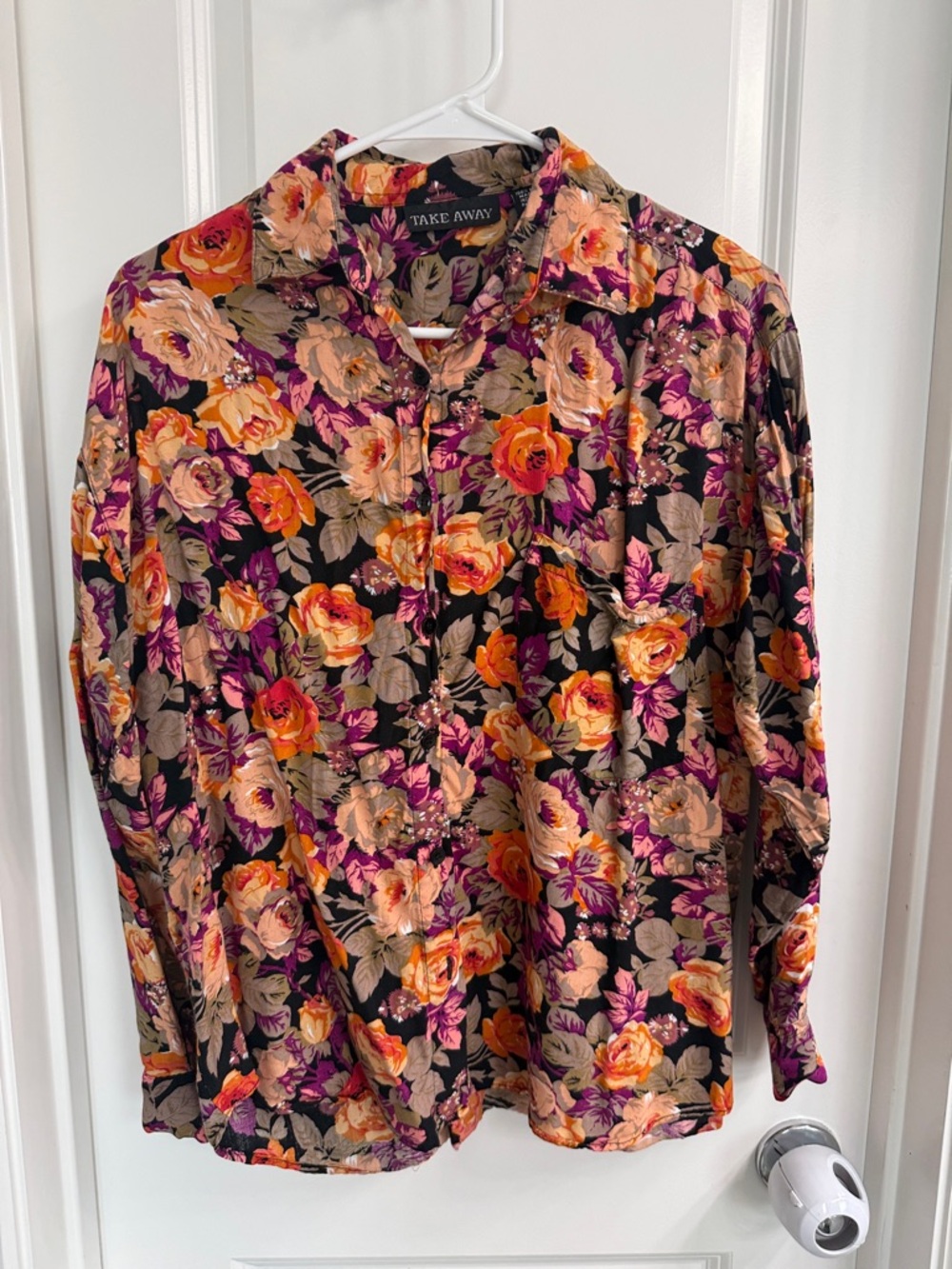 Vintage Women’s  Floral Button-Up Shirt in Black and Orange